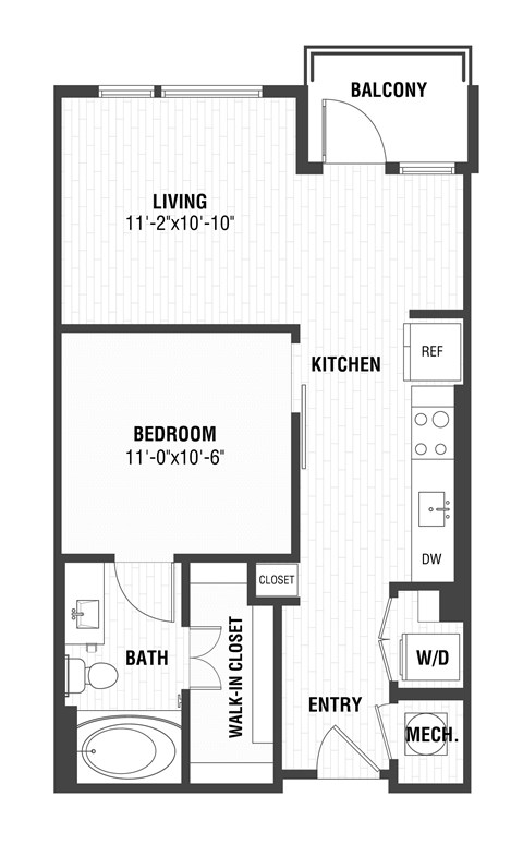Floor plan for 1 bed, 1 bath, 644 sqft